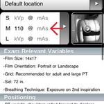 Note the red arrow pointing to the technique chart within the exam page. When this chart is selected you may modify the kVp and mAs for any sized patient. The technique entered for the "M" or medium sized patient are the values that will be presented throughout the various sections within the app.